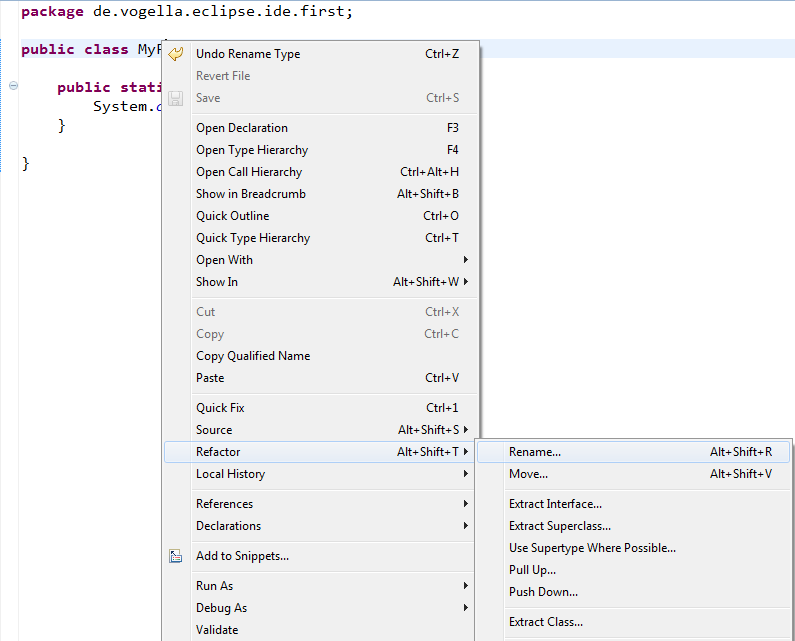 sınıfınızı yeniden adlandırabilirsiniz. Eclipse, çalışma ortamınızdaki (workspace) sınıflar ve metotlar için bütün çağrıların yeniden adlandırılmasını sağlayacaktır.