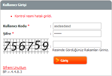 Kontrol Resminde görünen rakamların hatalı girilmesi durumunda aşağıdaki uyarı mesajı görünmektedir. Kontrol resmi kontrol edilerek sonra düzeltilerek tekrar giriş yapılması gerekmektedir.