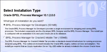 Kurulum sırasında yüklenecek BPEL türünü şekildeki gibi seçin. Eğer BPEL Process for Oracle Middle Tier'ı seçerseniz önceden yapmış olduğunuz BPEL dizaynları çalıştırabilirsiniz.