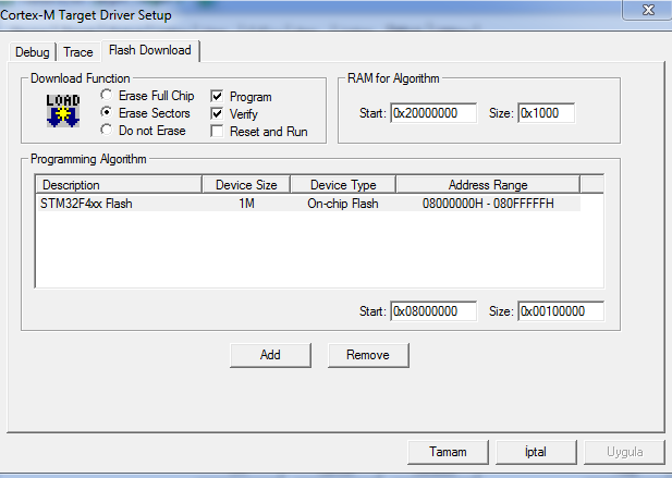 Şekil 5.8 12. Flash Download sekmesi altından Add butonu yardımı ile STM32F4xx Flash 1M seçimi yapılır (Şekil 5.9). Şekil 5.