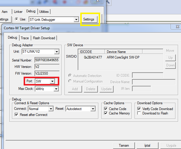 Debug linki altında ST-Link Debugger seçilmelidir. Bu direkt kart üzerinde çalıştığımız durumlarda yapılması gereken bir ayardır (Şekil 3.6).