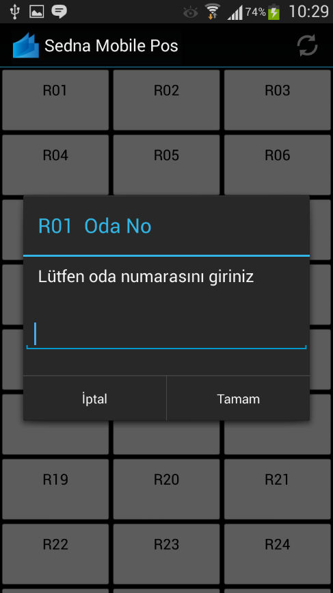 Oda numarasını girdiğinizde ilgili odanın bilgileri ekranınıza geliyor. Bu ekranda İptal, Adisyon Kapat ve Tamam seçenekleri mevcut.