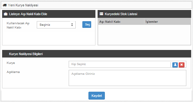 10. Kurye Nakliyesi 10.1. Yeni Kurye Nakliyesi Ekranı Bu ekran bir birimden diğer birim veya birimlere kurye ile yapılacak nakliyelerin tanımlandığı ekrandır.