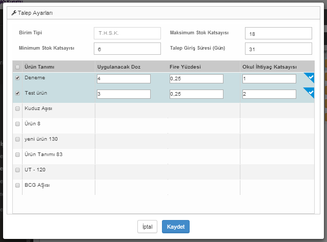 11.2. Stok Talep Ayarları Ekranı THSK seviyesinde yetkili bir kullanıcının görebileceği bu ekranda seçilen birimin stok talebi istemleri için kullanılan katsayılar tanımlanmaktadır.
