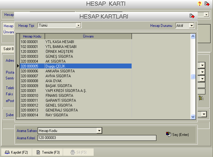 Yukarıdaki Ģekilde görüldüğü gibi hesap kodu bölümünden örnek olarak müģteri Duygu Çelik seçildiğinde,