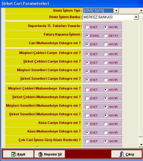 -Müşteri Çekleri Cariye Entegre Mi? : Evet diyerek müşteri çeklerinin cariye otomatik entegre çalışmasını sağlayabiliriz, hayır dersek müşteri çekleri cari hareket üretmeyecektir.