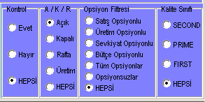 Ekranımızı incelersek, direkt Aranacak bilgi girişine stok özelliklerini girerek aramanın yanı sıra, birçok alternatif stok süzme parametresi de kullanabileceğimizi görebiliriz.