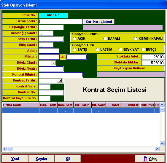 Burada Stok No alanı seçtiğimiz stoğun kodudur.cari Kart Listesi nden ilgili stok kalemini hangi firmaya opsiyonlayacaksak o firma seçilir.