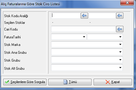 4.4. Satınalma Stok Ciro Listesi Alış Faturalarına göre Stok Ciro Listesi alınırken sorgu kriterleri olarak, Stok Kodları, Cari