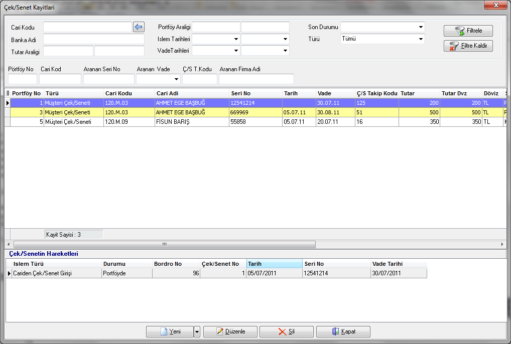 6.13. Çek Senet Kartları POLOSoft MikroKobi Çek Senet Kartı menüsü açıldığında Çek/Senet lerin kayıtlarının ve her bir çekin işlem görmüş olduğu hareket