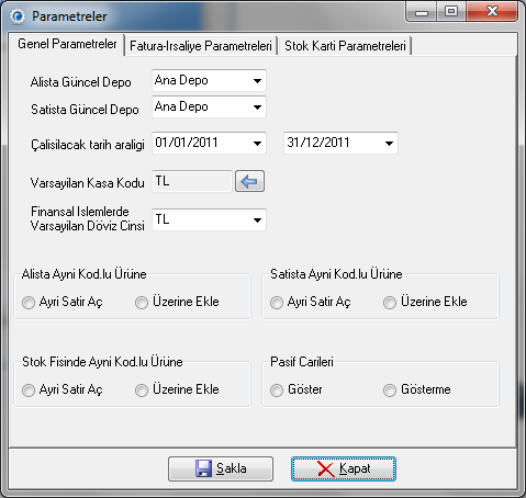 8.3. Parametreler Programdaki parametreler; Genel, Fatura-İrsaliye ve Stok kartına ait parametreler olarak sınıflandırılmıştır.