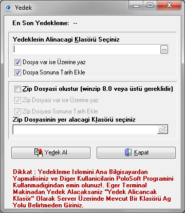 8.5. Yedek Alma POLOSoft SQL veritabanına sahiptir. Veritabanı nın yedeklenmesi ister SQL Managerden istenirse program içindeki bu menüden alınabilir. Yedeklerin alınacağı klasör seçilir.