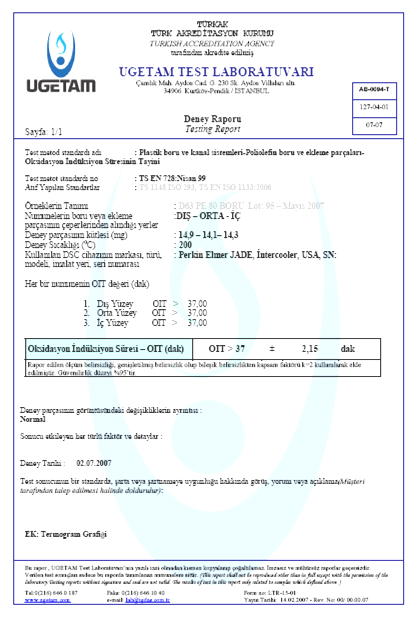 Deney Sonuçları ISO 17025 Ģartlarına