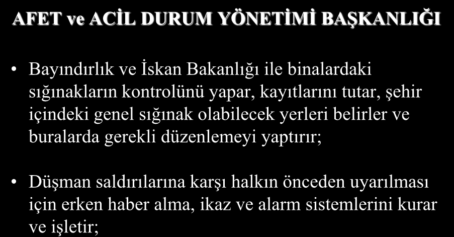 AFET ve ACİL DURUM YÖNETİMİ BAŞKANLIĞI Bayındırlık ve İskan Bakanlığı ile binalardaki sığınakların kontrolünü yapar, kayıtlarını tutar, şehir içindeki genel sığınak olabilecek