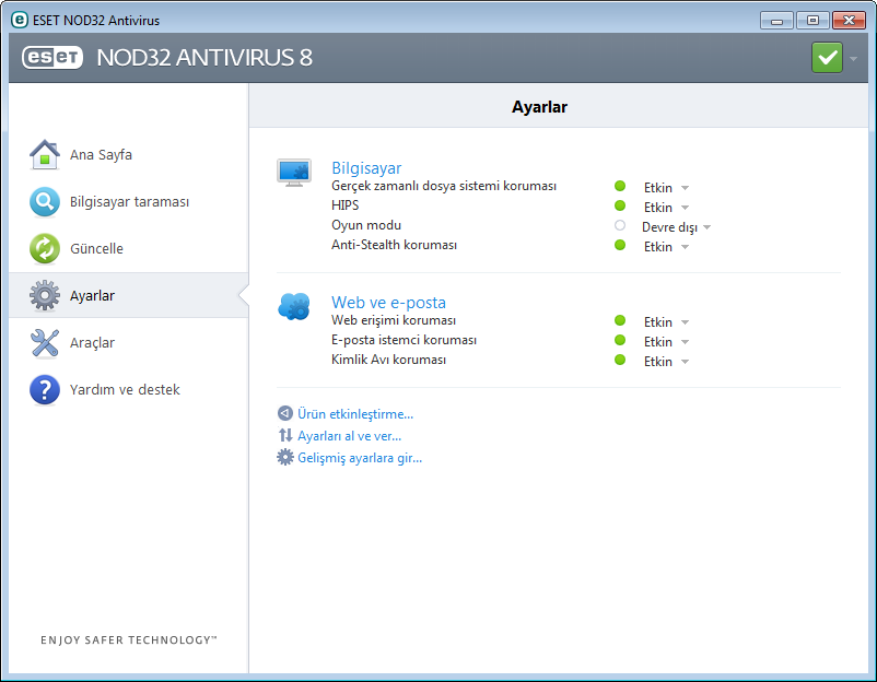 4. ESET NOD32 Antivirus ile çalışma ESET NOD32 Antivirus ayarları seçenekleri bilgisayarınızın koruma düzeylerini ayarlamanıza olanak verir.