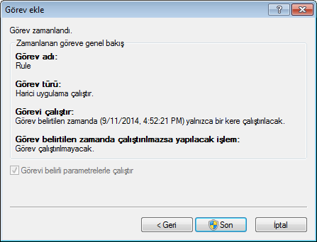 3. Görevin adını girin ve zamanlama seçeneklerinden birini belirleyin: Bir kere - Görev önceden tanımlanan tarih ve saatte yalnızca bir kere gerçekleştirilir.