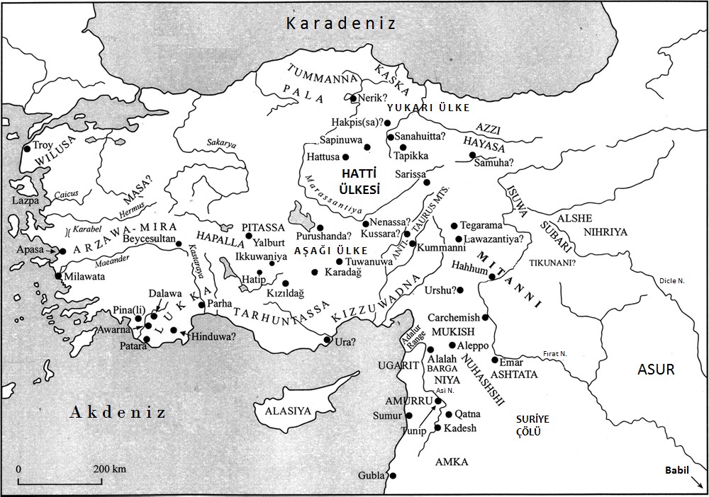 Ek 1: Hitit Dönemi Anadolu sunun görünümü. Bryce, 2005, s. 43. Bilhassa XIII. ve IV. yüzyıllarda devletin Anadolu nun büyük bölümü ve Kuzey Suriye üzerine dek varan hâkimiyetini görmek mümkündür.