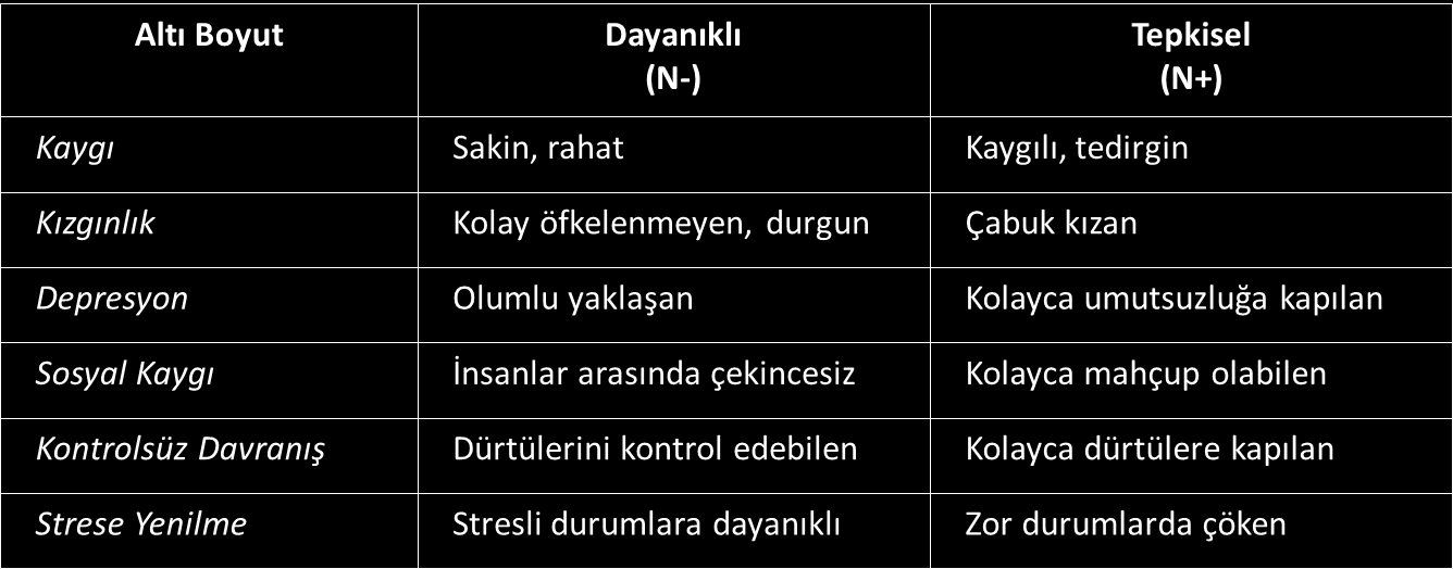 Tablo-9 Duygusal Denge Kişilik Özelliğinin Alt Boyutları Duygusal dengesizliği yüksek olan kişiler endişeli bir yapıdadır ve kişisel yeterlilikleri konusunda kaygı duyarlar.