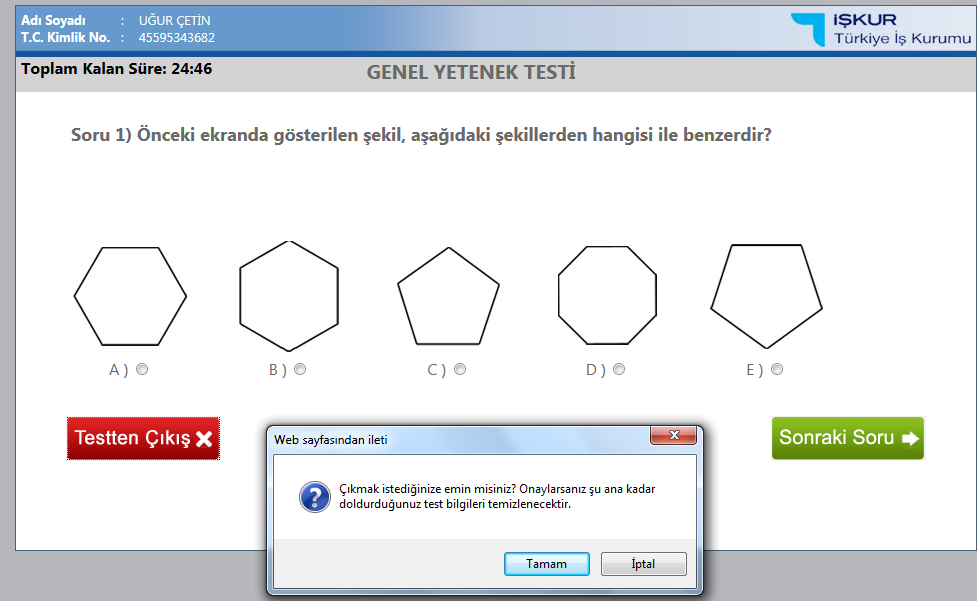 Test tamamlandığında adayın karşısına Testin tamamlandığını ve sonuçlar için iş ve meslek danışmanı ile