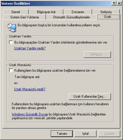 Uzaktan Yardım ve Uzak Masaüstü MS Windows XP Denetim