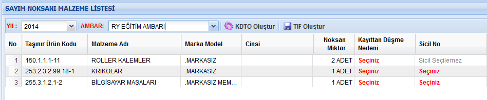 Taşınır Kodunda Rapor butonu Taşınır kod düzeyinde rapor da alınabilmektedir. Eğer sayım fazlası/sayım noksanı TİFleri oluşmamışsa Tutanak Sil butonu ile tutanak sistemden silinebilmektedir.