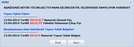 İşleminiz Başarıyla Gerçekleştirildi uyarısı çıktığında silineceği belirtilen TİF ve Zimmet Fişi hatalı hale getirilerek bağlı Taşınır İstek Belgesi karşılanmamış hale getirilecektir.