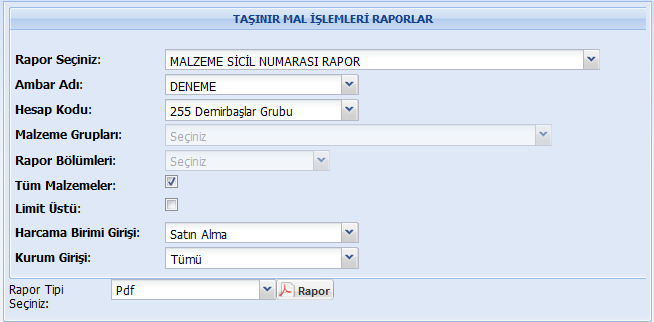 Yıl ve dönem bilgisi girildikten sonra yönetmelik hükmü gereğince 150 hesabın iki düzey detayı bazında tüketim malzemesi çıkış raporu üretilir. 2.6.3.