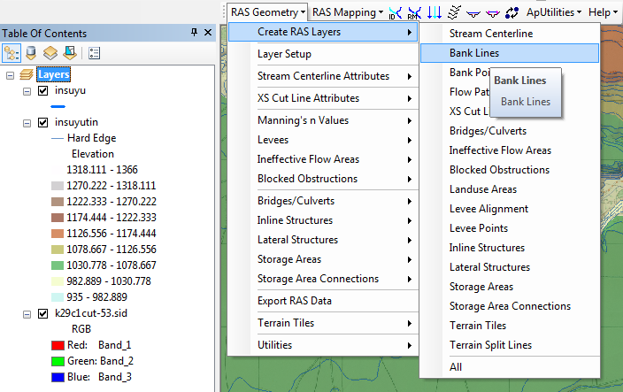 Aynı şekilde RAS Geometry Create RAS Layers Bank Lines