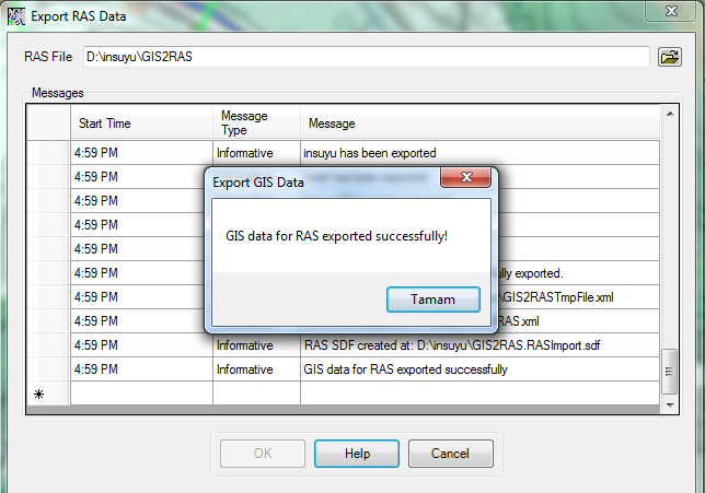 OK tuşuna basıldığında dosya insuyu klasörüne GIS2RAS olarak kayıt edilir.