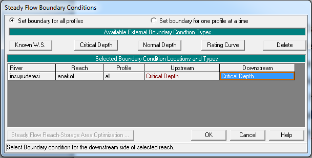 Yukarıda yer alan Steady Flow Data menüsünde Reach Boundary Condition tuşuna basılır. Kararlı akım sınır şartını belirlemede memba ve mansap için Critical Depth, Normal Depth veya Known W.S. değeri girilir.