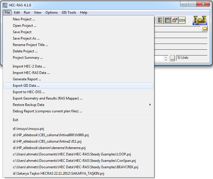 HEC-RAS ile yapılan hesaplamaları HEC-GeoRAS a aktarmak için File Export GIS Data komutu seçilir. Sonuçların kayıt edileceği klasör insuyu olarak seçildikten sonra dosya adı insuyurasexport.