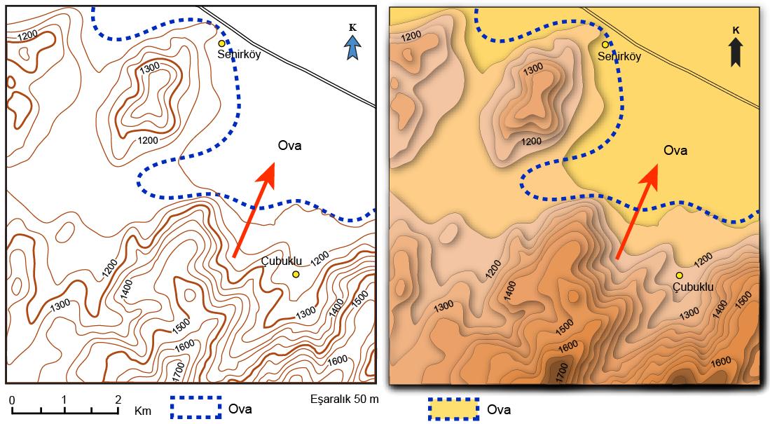 Topografya haritalarında ovalar, çevresine göre düşük değere sahip seyrek eşyükselti eğrileri ile karakterize edilir.