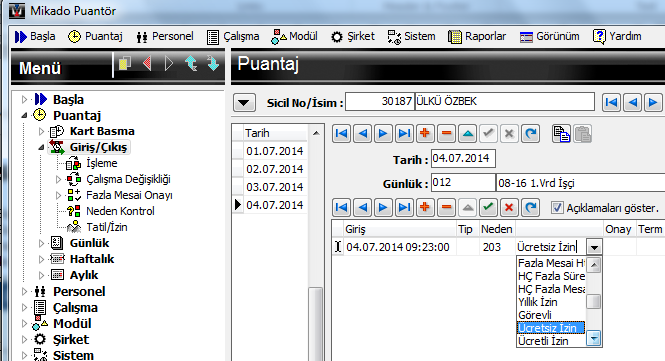 Mikad Günlük İşlemler 18 Saatlik İzinlerin Girilmesi Saatlik izinler, persnelin saatlik larak kullandığı izinler anlamına gelir. Saatlik izinler PuantajGiriş/Çıkış ekranından yapılır.