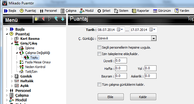 Mikad Günlük İşlemler 20 Günlük izin, PersnelGiriş/ÇıkışÇalışma Değişikliği ekranından kişi kişi yapılır.