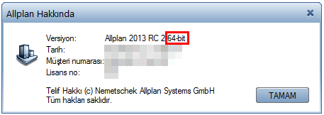 New Features in Allplan 2013 Genel yeni özellikler 13 Allplan Hakkında yı seçtiğinizde, hangi versiyonun yüklenmiş olduğunu görebilirsiniz.