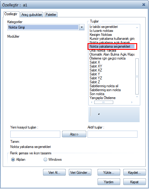 New Features in Allplan 2013 Genel yeni özellikler 21 Nokta yakalama seçenekleri için kısayol tuşu Kullanıcılarımızdan gelen talep doğrultusunda, artık nokta yakalama seçenekleri için bir kısayol