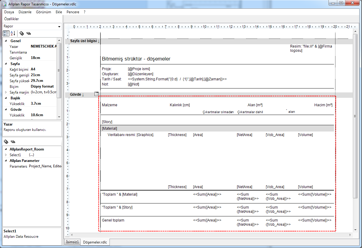 New Features in Allplan 2013 Raporlar 93 - Yukarıda bahsedilenler - İki gruplandırma Rapor şablonlarının değiştirilmesi Rapor şablonlarının ihtiyaçlarınız doğrultusunda