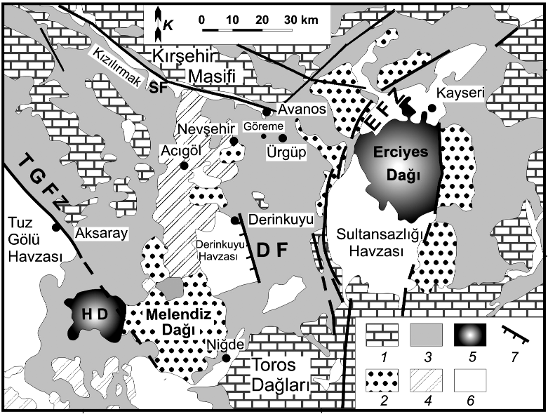 Şekil 3.1. Kapadokya yöresinin jeoloji haritası, 1. Temel kayaçlar, 2. Miyosen-Pliyosen yaşlı volkanik birimler, 3. Piroklastikler ve güncel karasal birimler, 4. Kuvaterner volkanizması, 5.