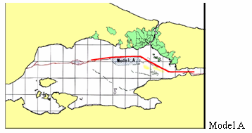 Şekil 4.12. A ve B Model Senaryoları [39] Model B: Bu modelde aktif fay hattı uzunluğu 110 km olarak belirenmiş ve Mürefte-Şarköy den başlayıp Bakırköy kıyılarına kadar devam edeceği öngörülmüştür.