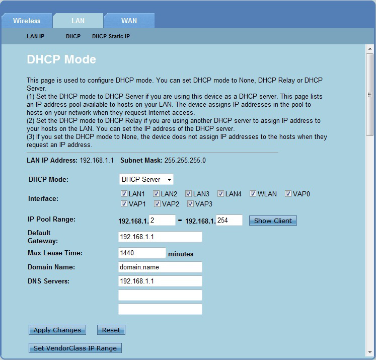 DHCP ayarlarını yapılandırma DHCP Modu sayfası DHCP ayarlarını yapılandırmanızı sağlar. DHCP ayarlarını yapılandırmak için: 3. 4.. 6. Ağ >LAN sekmesi > DHCP tıklatın.