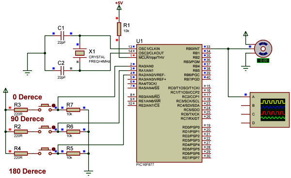 8.3.1) R/C Servo Motor Uygulaması Bu bölümde kullanacağımız servo motaru 0 derece, 90 derece ve 180 dereceye, basacağımız butonlarla yönlendireceğiz. Sinyalizasyon işlemini hazır delay.