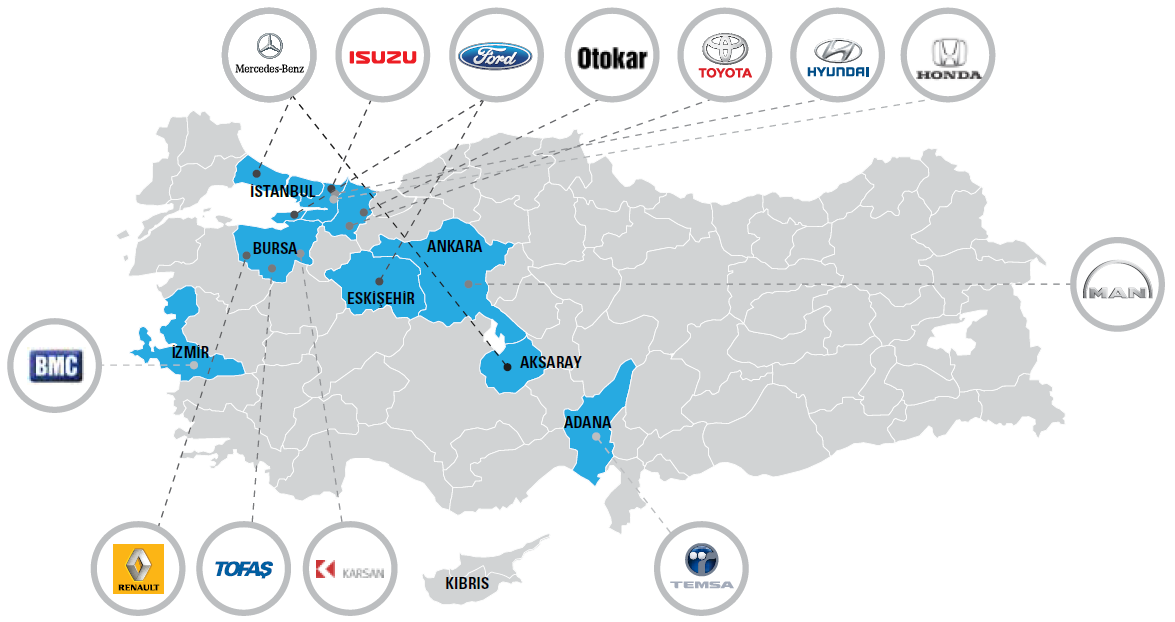 1. Brisa Hakkında 1.4. OEM Satışları Yandaki haritada Brisa nın satış gerçekleştirdiği şirketler gösterilmiştir.