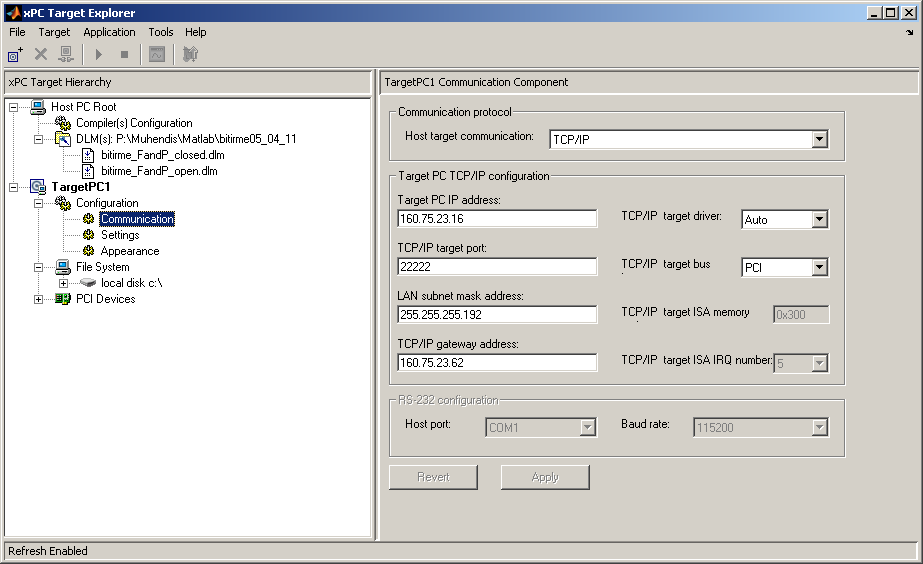 ġekil 2.3.5: Target ile Host PC arasındaki bağlantı ayarları Tüm bu işlemler tamamlandıktan sonra Simulink modeli CTRL+B tuşları ile derlenir. Böylece Simulink modeli öncelikle.