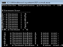 31 signed int n=15; int i,d[100]; int e[1000]=0; cout<<"dizinin boyutunu giriniz : "; cin>>n; cout<<"\n\nelemanlar\n--------------\n"; // bilgi girisi for( i=0; i<n; i++ ) cout<<i+1<<".
