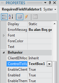 Resim 2.1: RequiredFieldValidator uygulaması RequiredFieldValidator tarafından kontrol edilecek sunucu kontrollerini ControlToValidate özelliğine ekleyin.