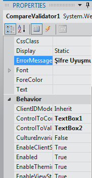 Sayfaya ekran görüntüsüne uygun kontrolleri ekleyin. Resim 2.7: CompareValidator uygulaması CompareValidator tarafından kontrol edilecek sunucu kontrolünü ControlToValidate özelliğine ekleyin.