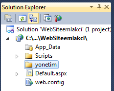 1) Visual Studio da WebSiteemlakci adında yeni bir site oluşturuyoruz. 2) Yönetim adlı klasör oluşturuyoruz C/.