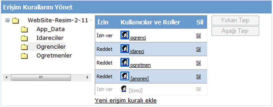 Erişim İzinlerini Yönet linkine tıklarsanız aşağıdaki Resim 3.9 da görünen ekranla karşılaşmış olursunuz. Resim 3.9: Erişim izinleri düzenlenmiş Idareciler klasörü Aynı işlemleri Ogrenciler klasörü için gerçekleştiriniz ve aşağıdaki Resim 3.