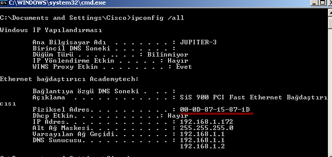 (RJ-45 ile sonlandirilmis UTP kablonun Ethernete takilmasi) Bir bilgisayarın MAC adresi komut satırında ipconfig /all yazılara öğrenilebilir. ( Windows 9x ortamında ipconfig.exe yerine Winipcfg.