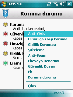 M I C R O S O F T W I N D O W S M O B I L E İ Ç İ N K A S P E R S K Y M O B I L E S E C U R I T Y 9.0 Durum penceresine Seçenekler Koruma durumu öğesini seçerek de gidebilirsiniz.